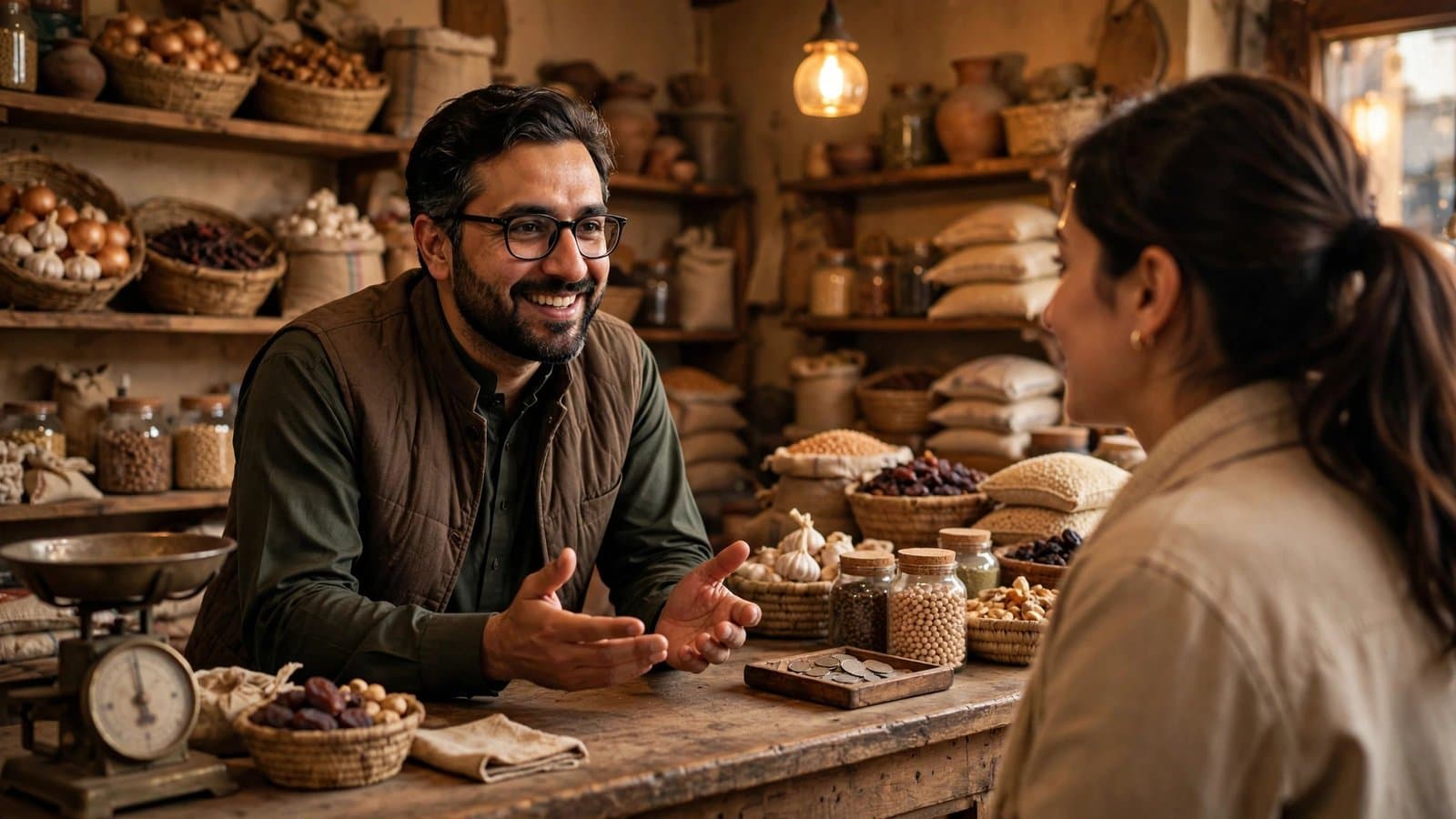 A friendly Pakistani shopkeeper talking calmly with a customer across the counter