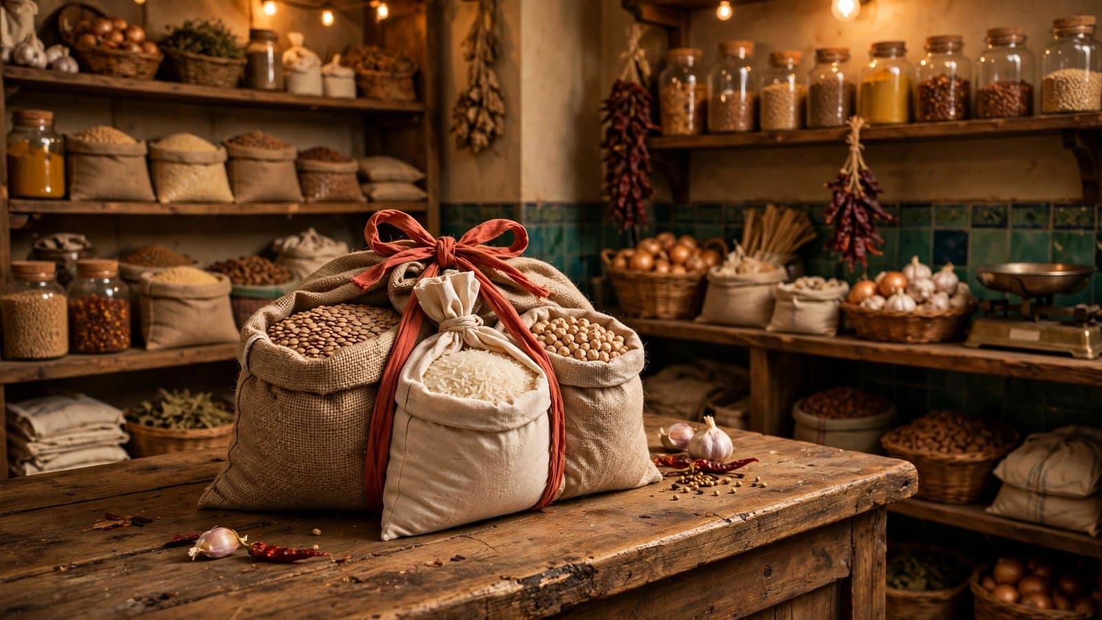 A bundle offer display of grouped grocery items tied with ribbon on a wooden shop counter