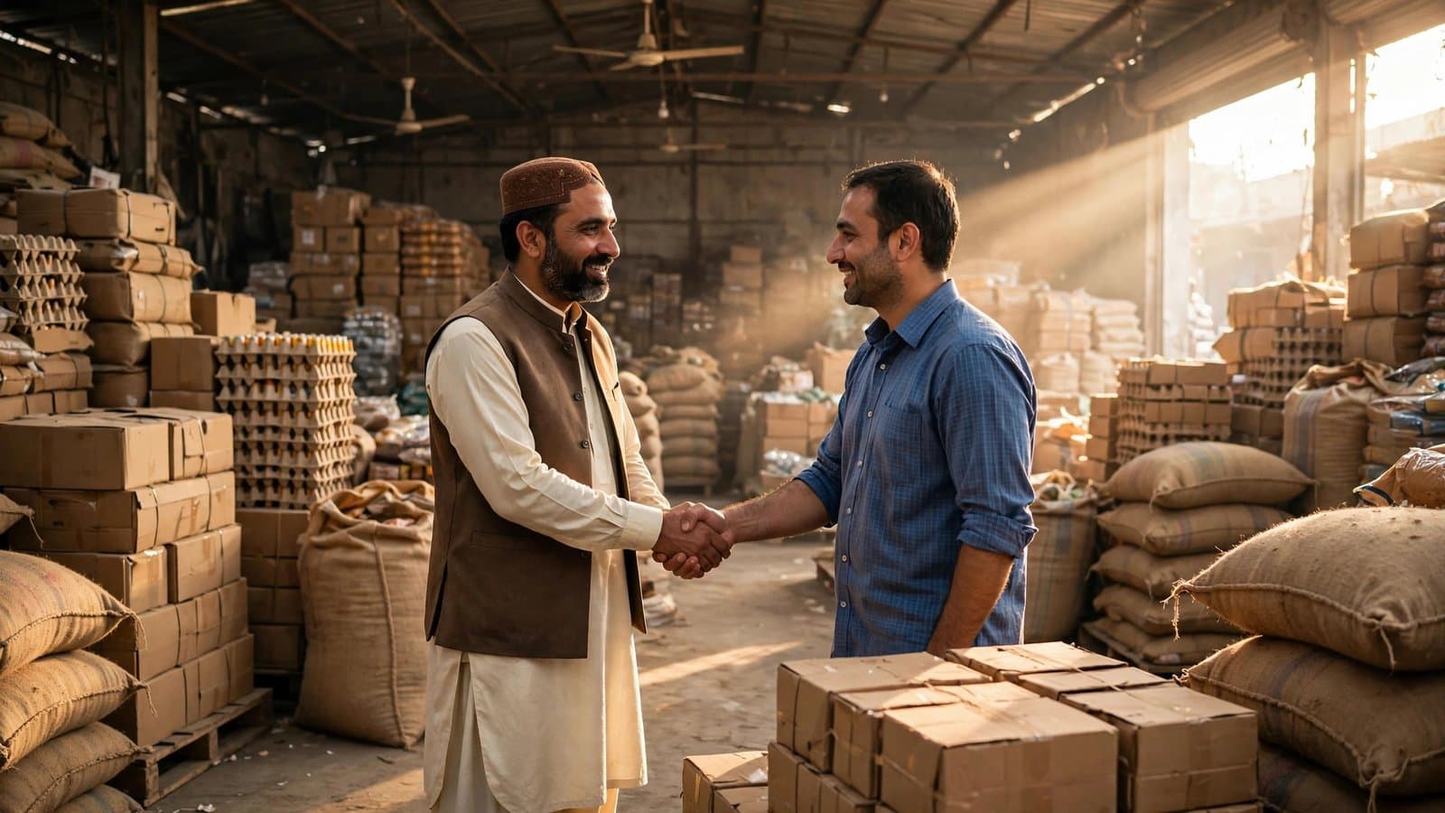 Two men shaking hands in a wholesale market warehouse surrounded by stacked cartons