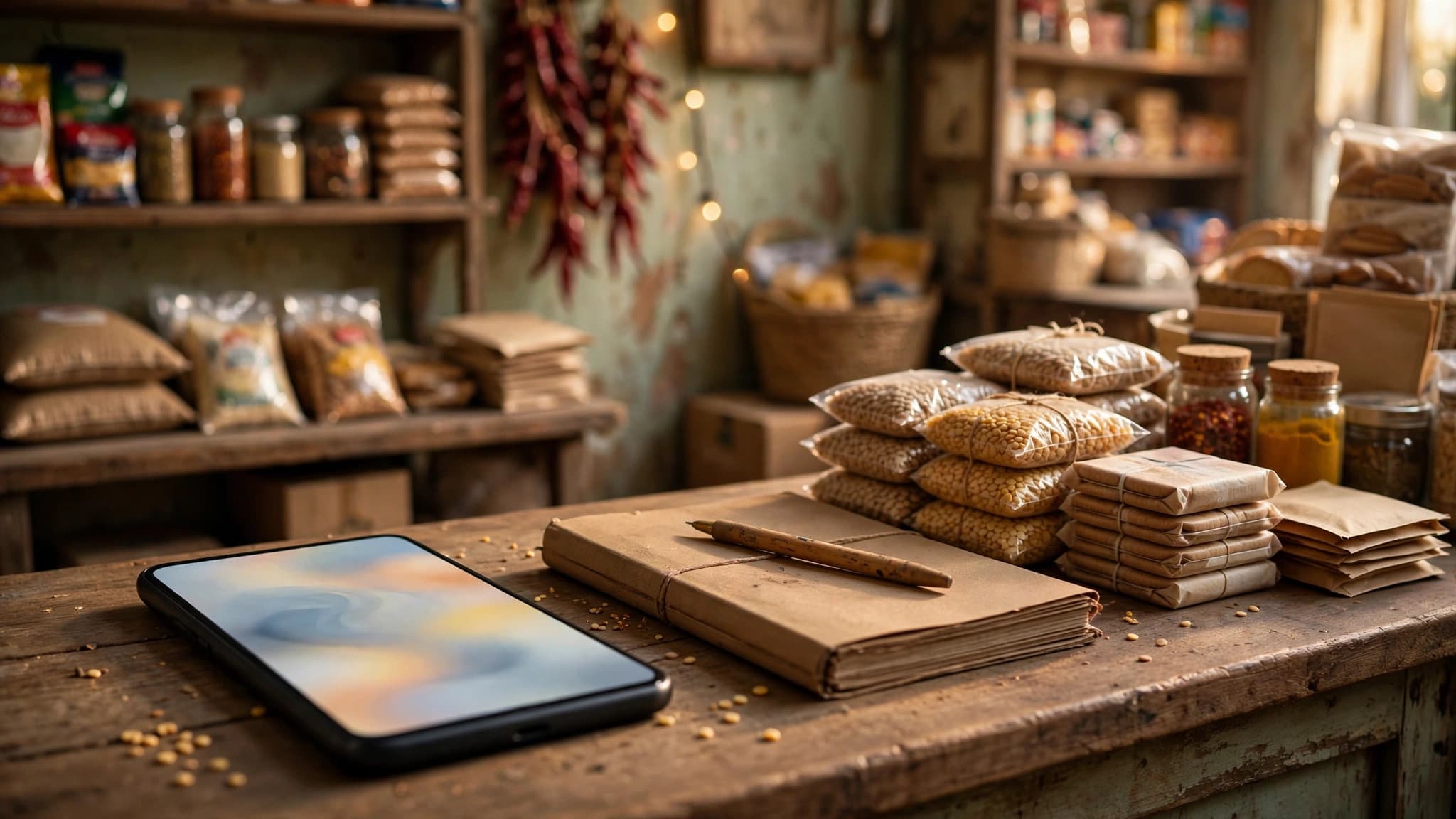 A smartphone beside a closed paper ledger and neatly packed goods on a wooden shop counter