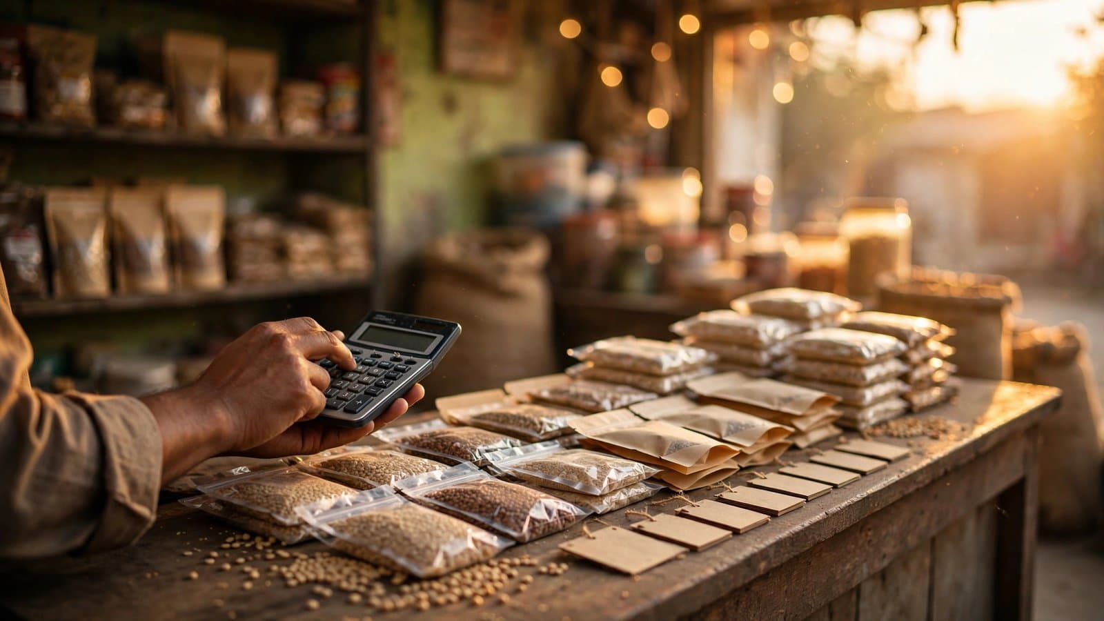 A shopkeeper's hand holding a calculator beside packaged goods and blank price tags at a kiryana counter