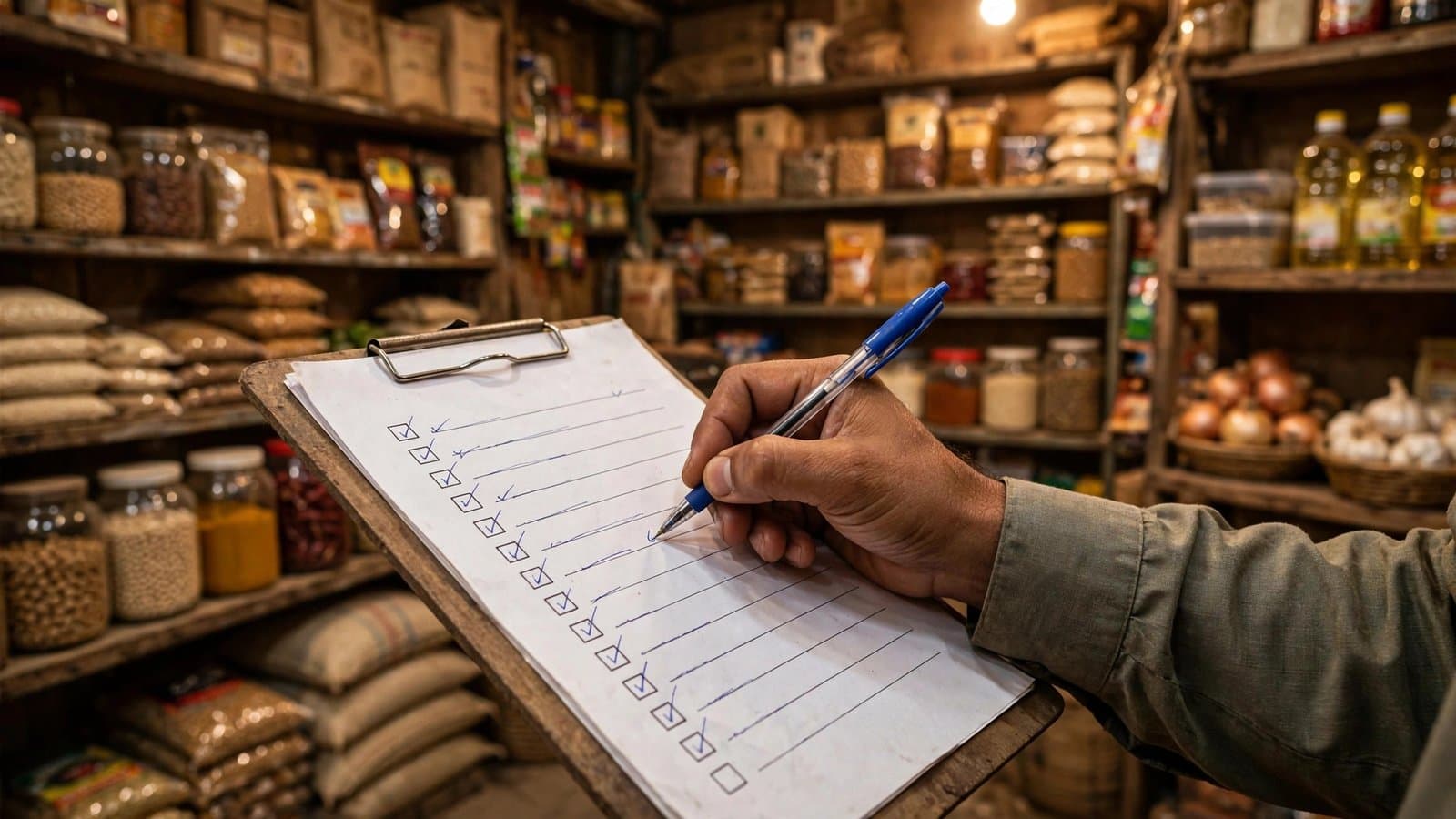 A shopkeeper's hand writing on a clipboard checklist in front of stocked shelves