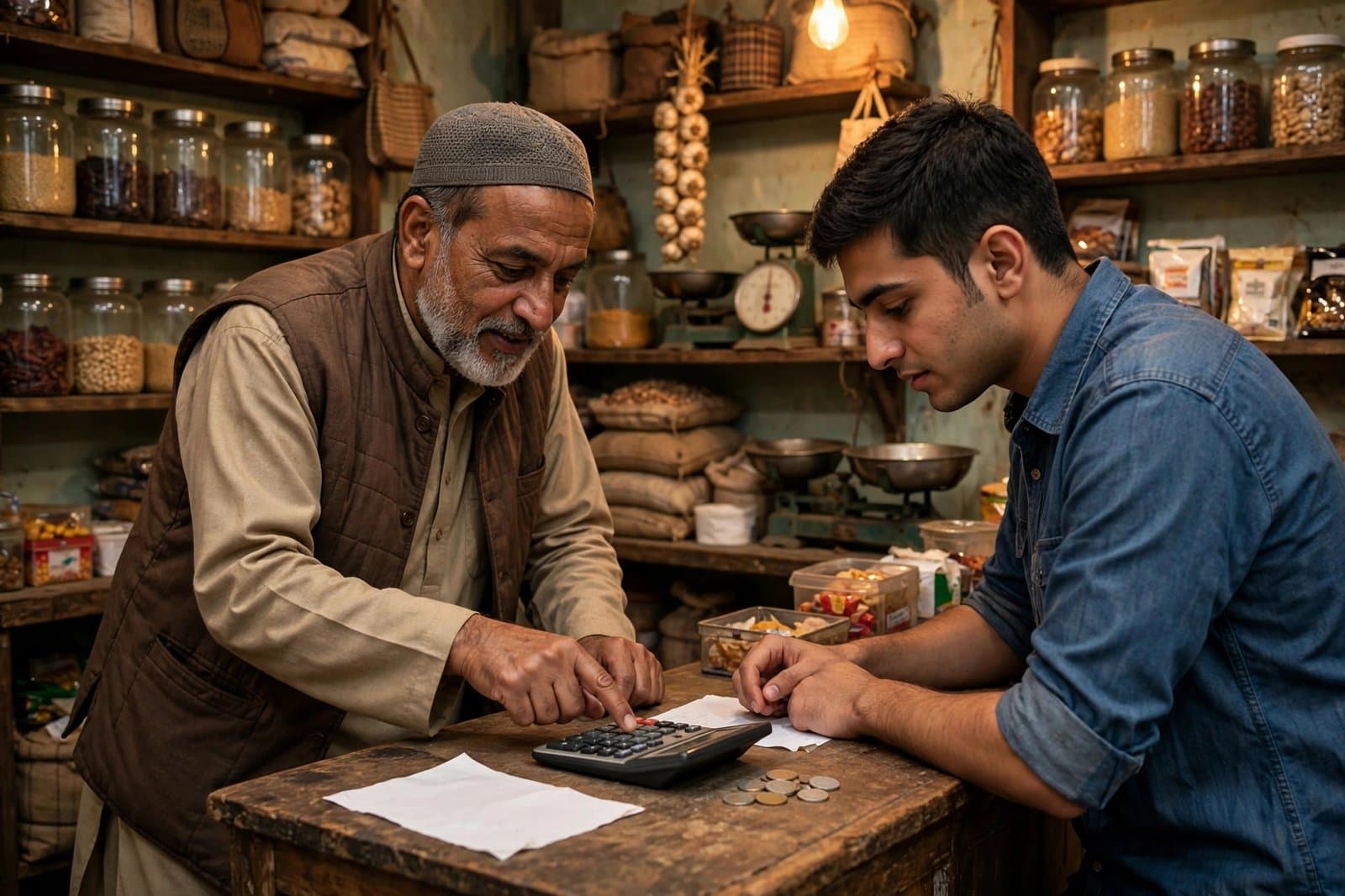 An experienced shopkeeper teaching a young assistant at the counter, pointing at a calculator