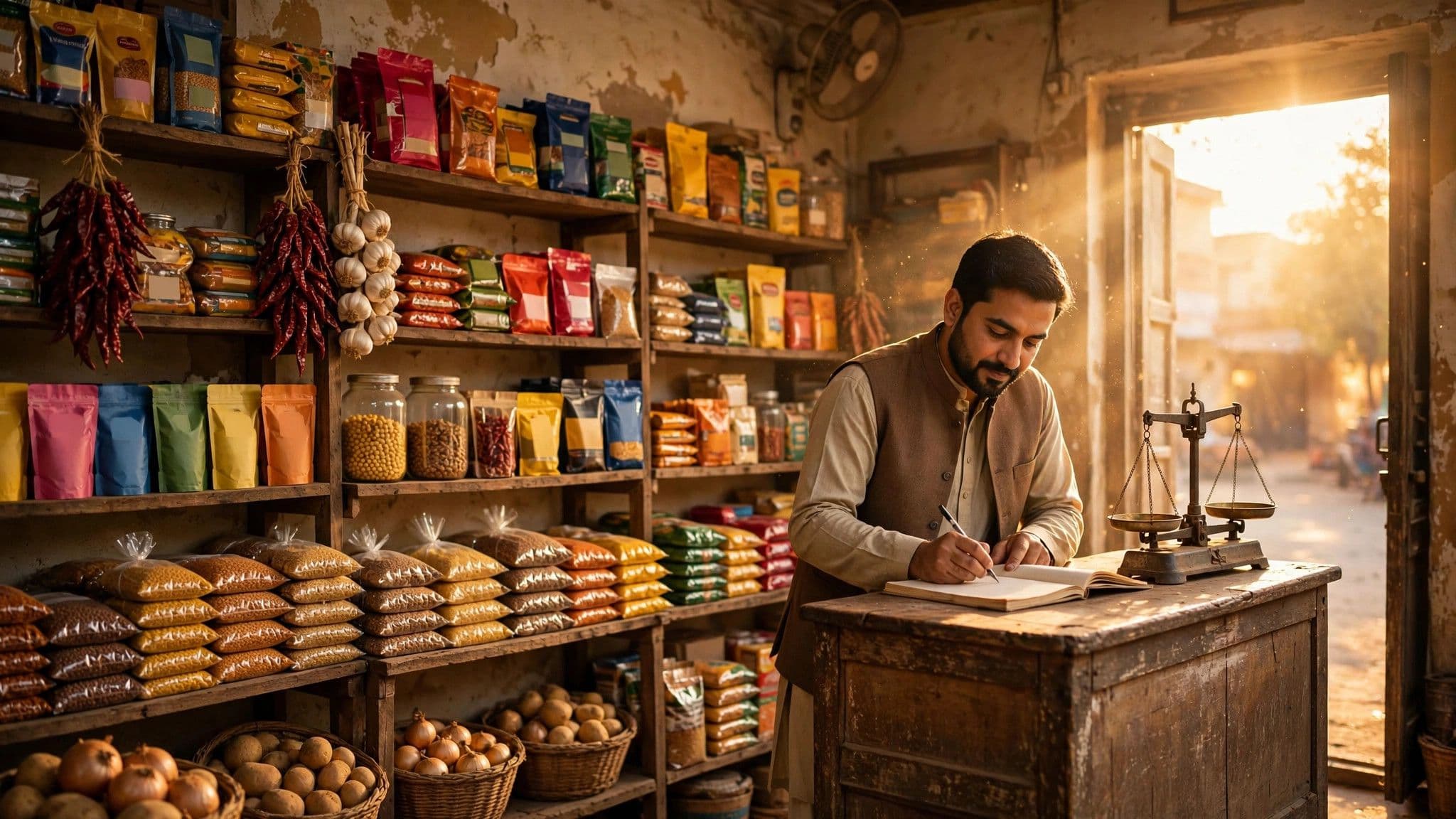 A shopkeeper writing in a paper ledger at the counter of a kiryana store at golden hour