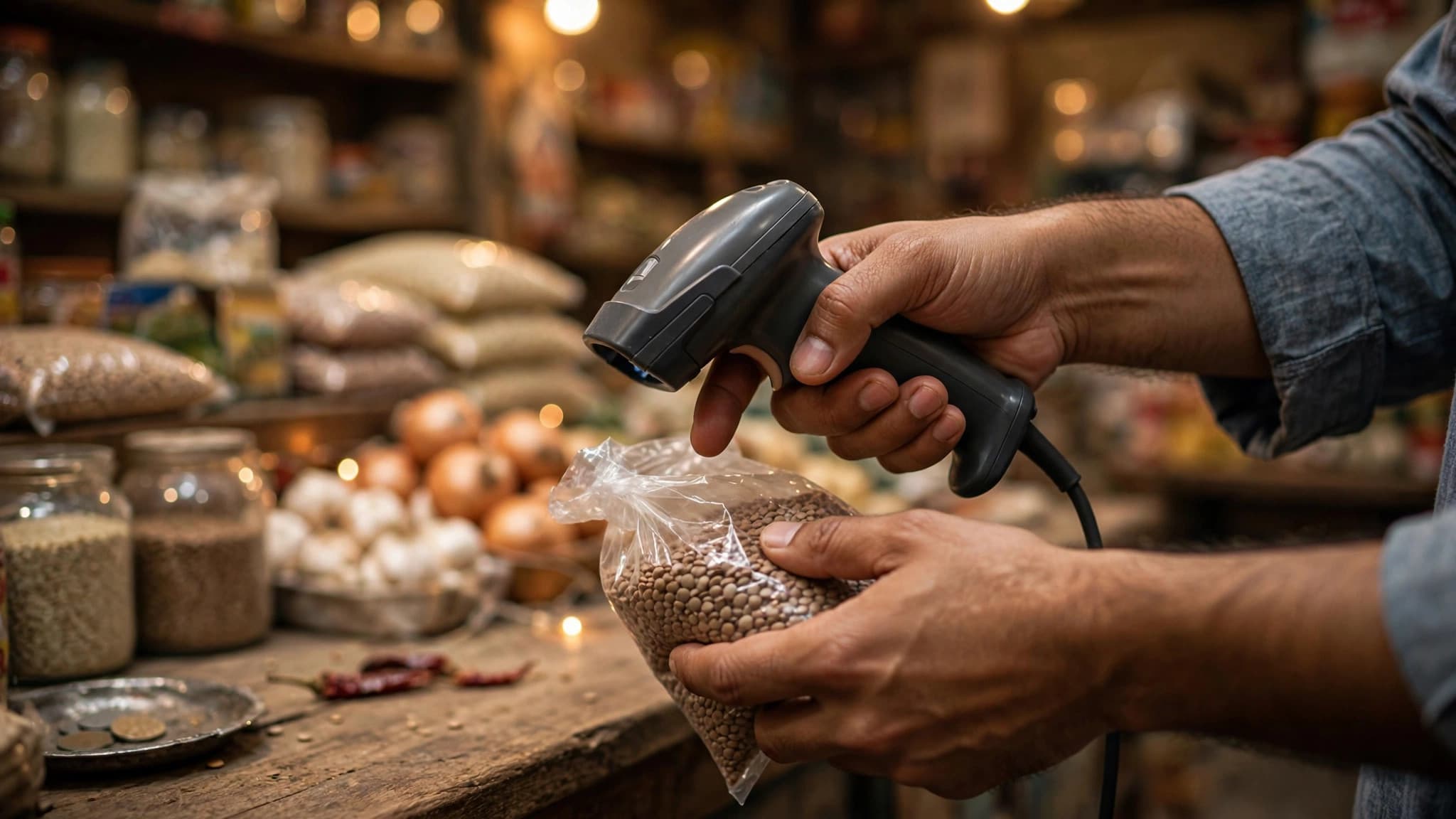 A shopkeeper's hands scanning a barcode on grocery items at a shop counter