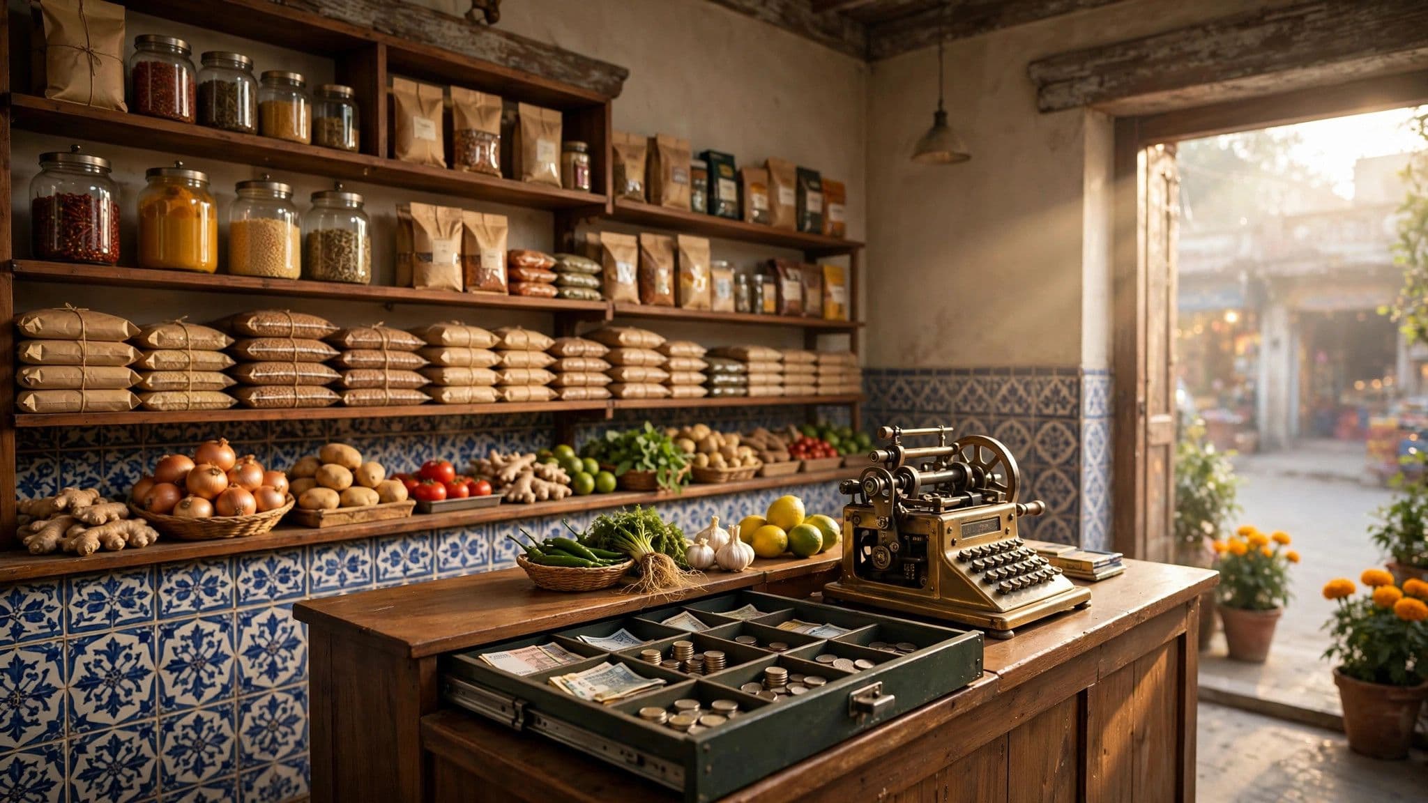 A tidy shop counter with a cash drawer and neatly arranged goods in warm morning light
