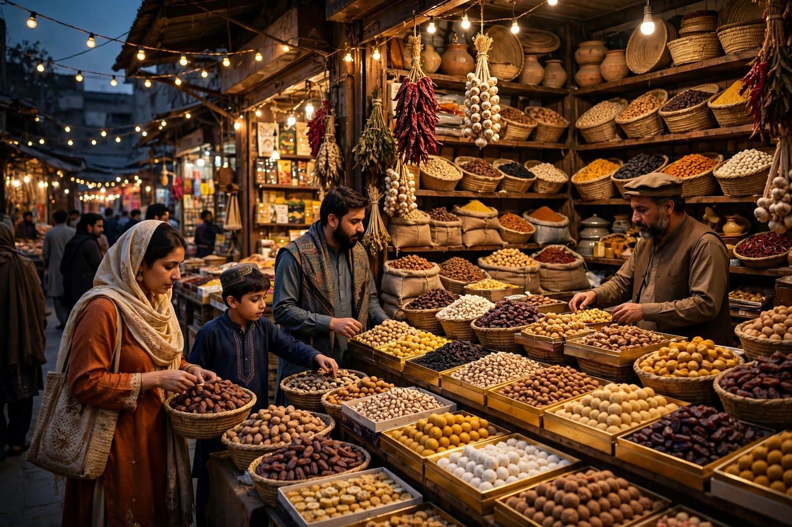 A bustling bazaar shop at dusk with festive lights and shelves piled high with goods