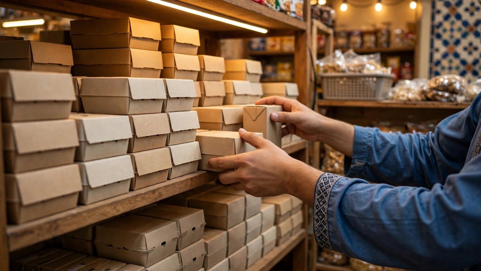 Hands rotating packaged food cartons on a grocery shelf, bringing older stock to the front