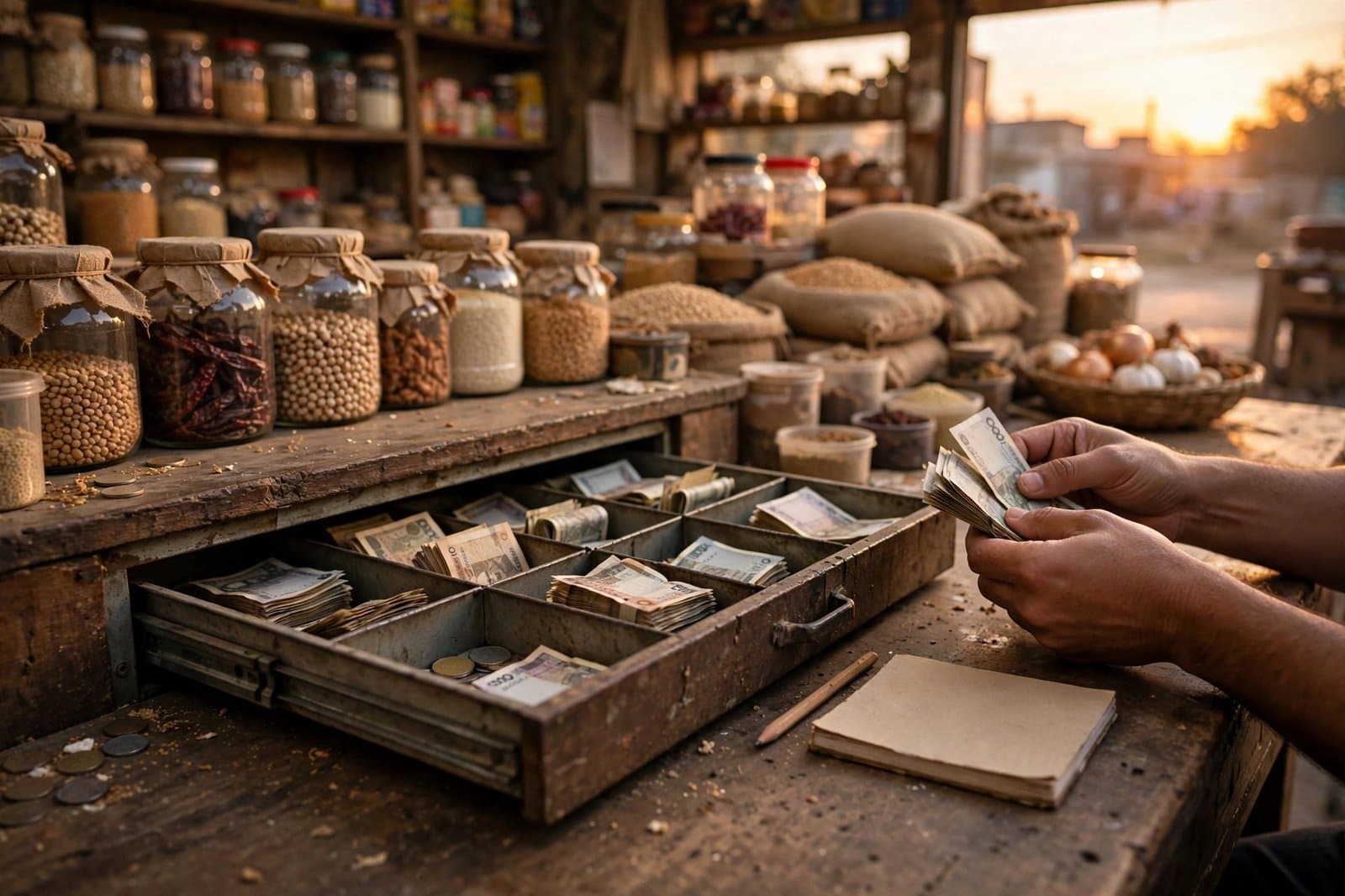An open cash drawer at a kiryana counter with hands counting banknotes beside a notebook
