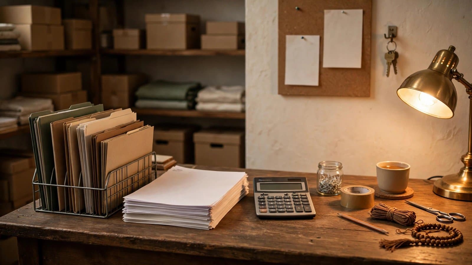A neat desk in a shop back office with organized files, invoices and a calculator under lamplight