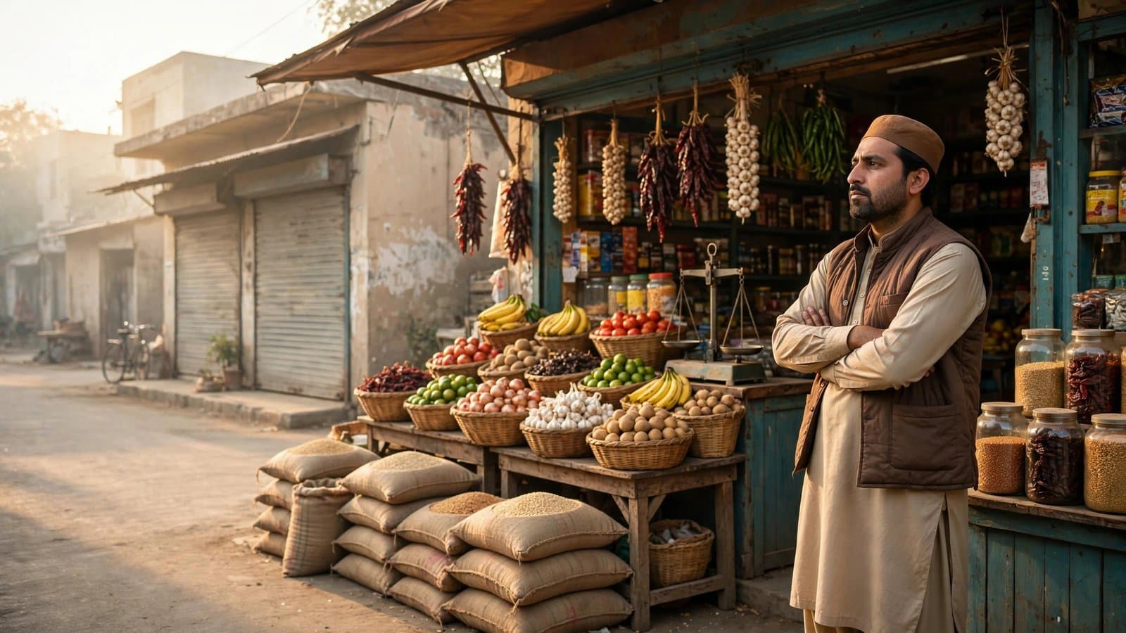 A shopkeeper standing thoughtfully before his store at opening time, an empty shopfront across the street